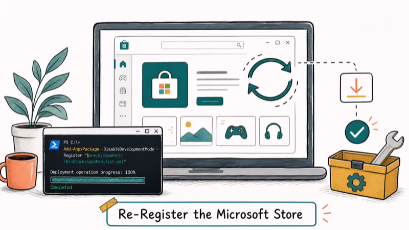 Hand-drawn illustration: Re-Register the Microsoft Store