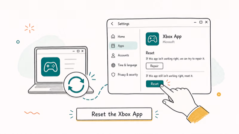 Hand-drawn illustration: Reset the Xbox App