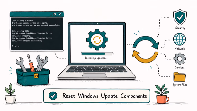 Hand-drawn illustration: Reset Windows Update Components
