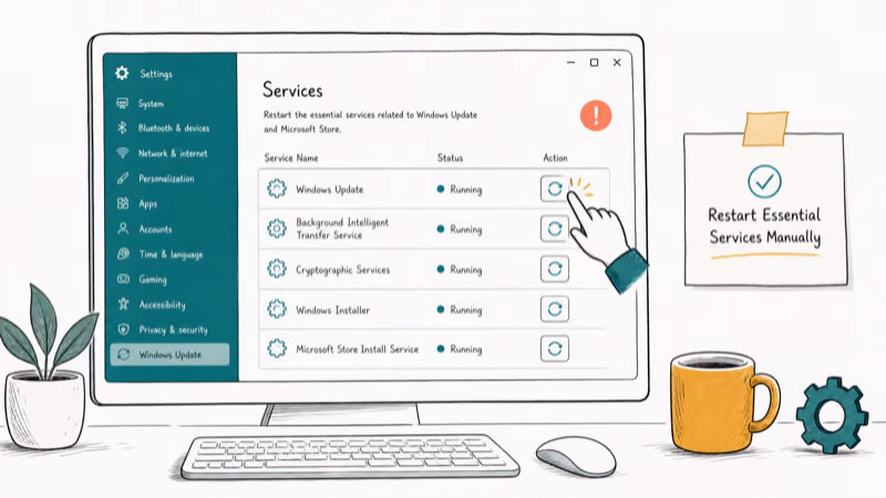 Hand-drawn illustration: Restart Essential Services Manually