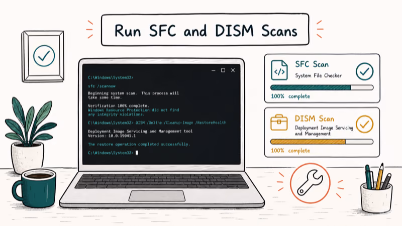 Hand-drawn illustration: Run SFC and DISM Scans