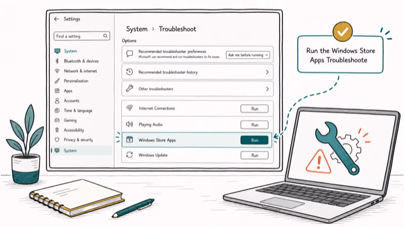 Hand-drawn illustration: Run the Windows Store Apps Troubleshooter
