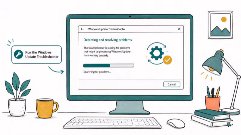Hand-drawn illustration: Run the Windows Update Troubleshooter