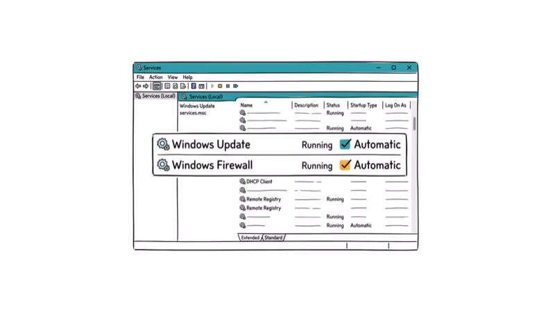 Windows services configuration panel with Update and Firewall set to Automatic