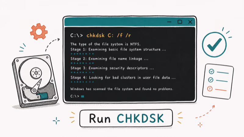 Hand-drawn illustration: Run CHKDSK