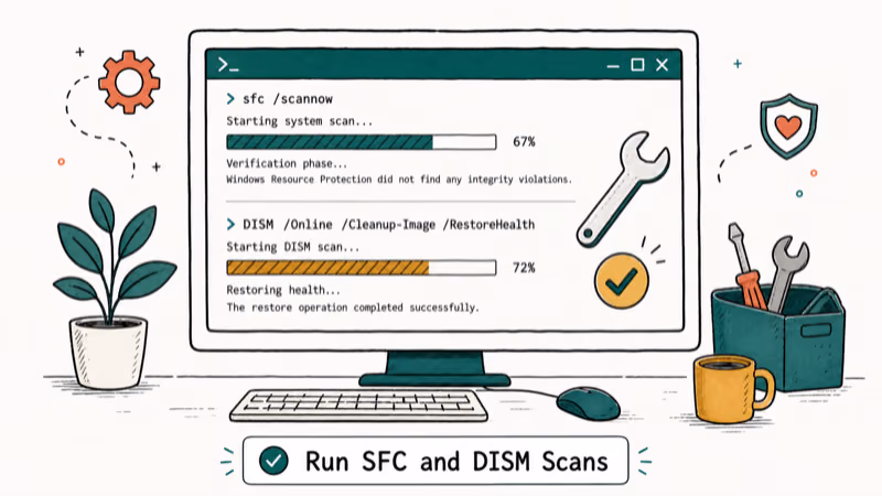 Hand-drawn illustration: Run SFC and DISM Scans