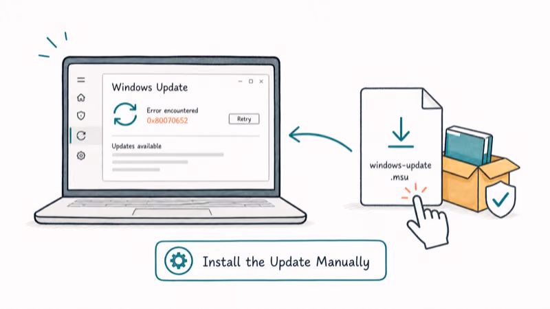 Hand-drawn illustration: Install the Update Manually