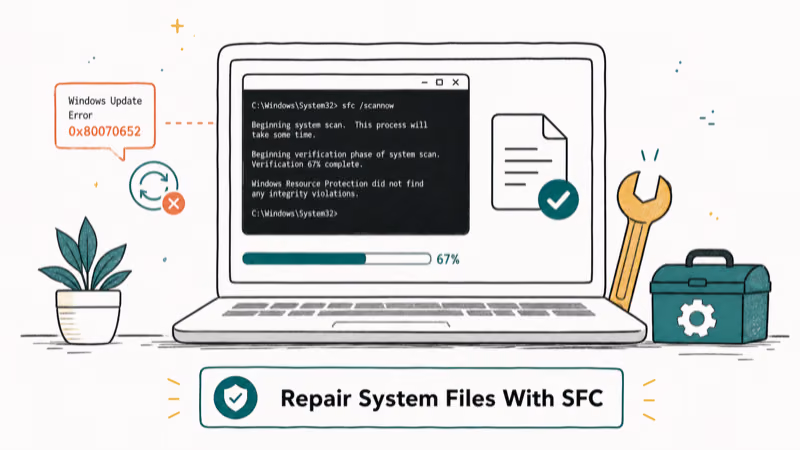 Hand-drawn illustration: Repair System Files With SFC