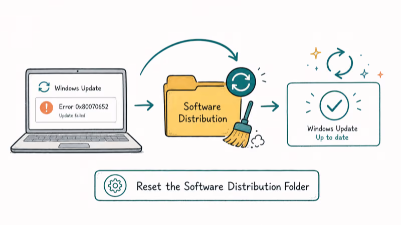 Hand-drawn illustration: Reset the Software Distribution Folder
