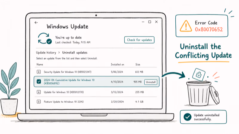 Hand-drawn illustration: Uninstall the Conflicting Update