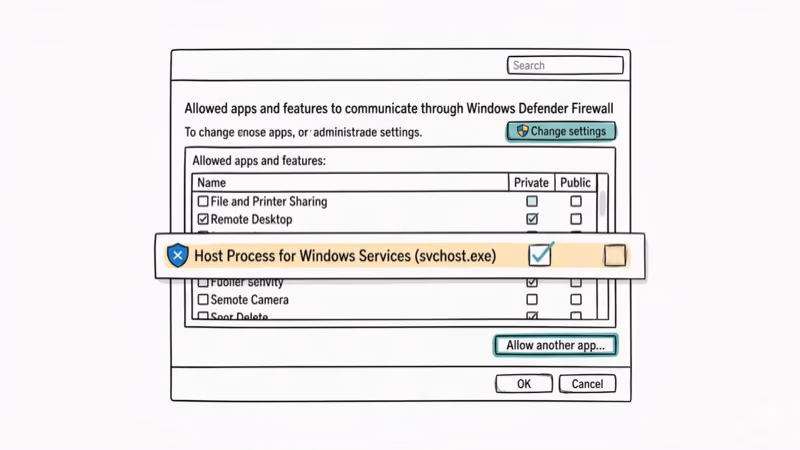 Windows Firewall settings allowing svchost through for Private and Public networks