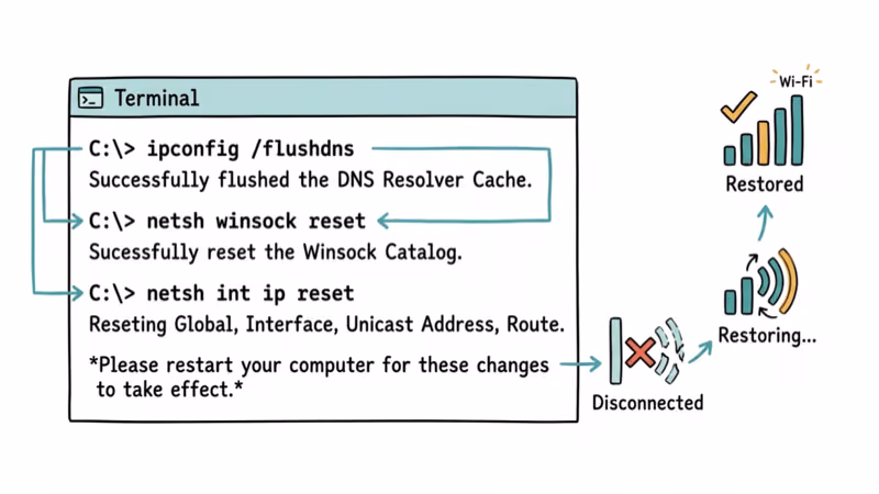 Command prompt running network reset commands to restore DNS and connectivity