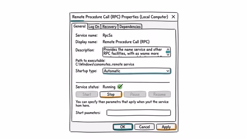 Windows services panel showing RPC service properties set to Automatic startup
