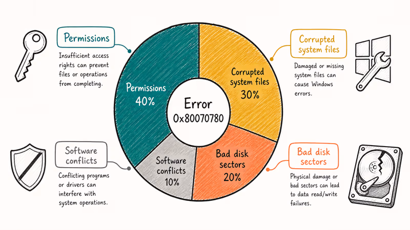 Donut chart breaking down Windows error 0x80070780 causes into permissions corruption disk and software conflicts
