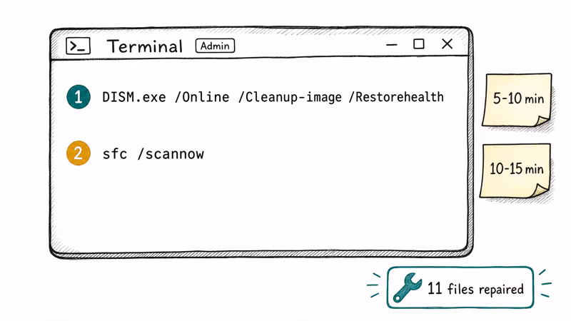 Windows Terminal sketch showing DISM Restorehealth and sfc scannow commands run in numbered sequence
