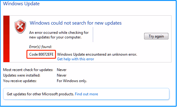 Error Code 0x80072efe