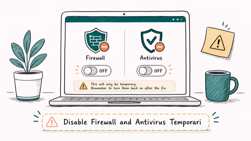 Hand-drawn illustration: Disable Firewall and Antivirus Temporarily