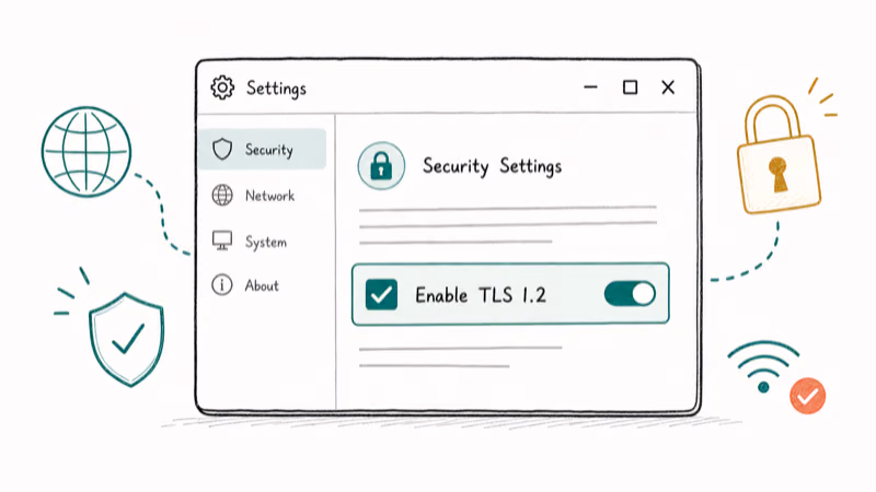 Hand-drawn illustration: Enable TLS 1.2