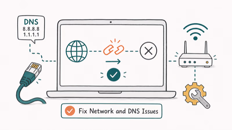Hand-drawn illustration: Fix Network and DNS Issues