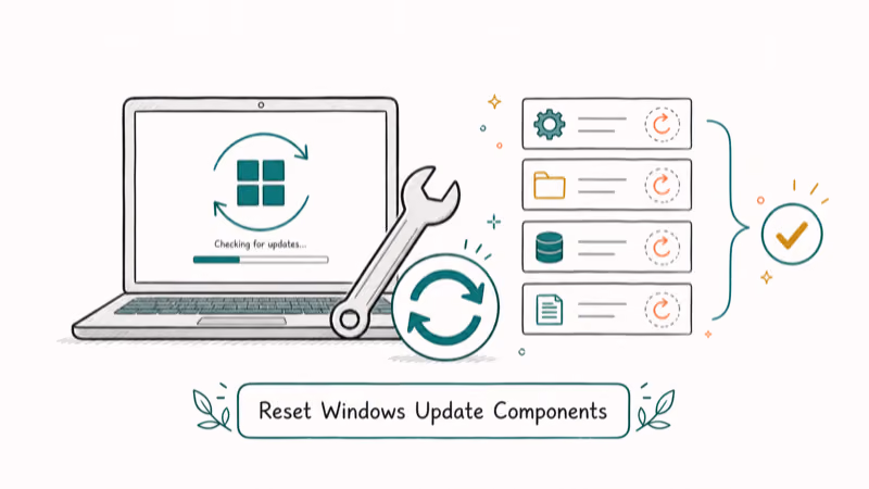Hand-drawn illustration: Reset Windows Update Components