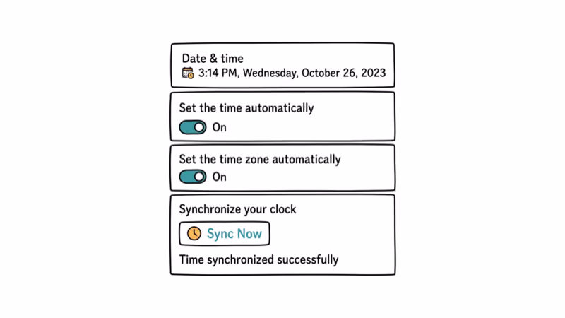 Windows date and time settings with automatic sync toggle and Sync Now button