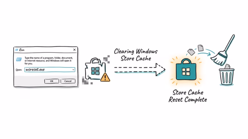 Windows Run dialog with wsreset command clearing Microsoft Store cache files