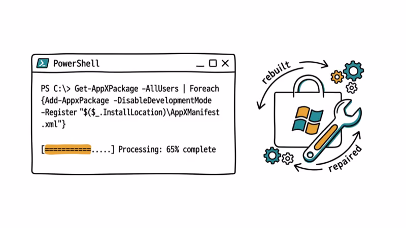 PowerShell terminal running re-register Microsoft Store command with repair icon