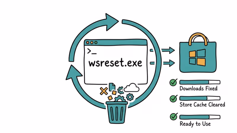 Microsoft Store icon with refresh arrow and cache clearing symbol for wsreset