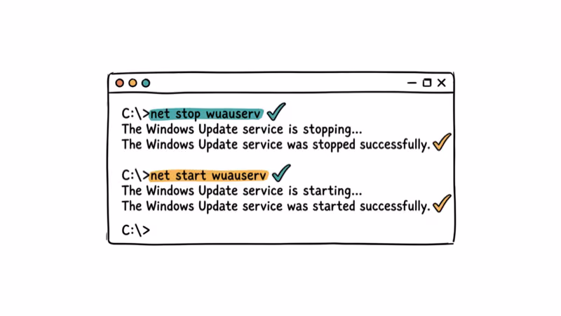 Command prompt terminal showing net stop and net start commands for Windows Update
