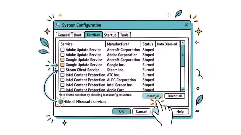 Windows msconfig System Configuration dialog with third-party services being unchecked
