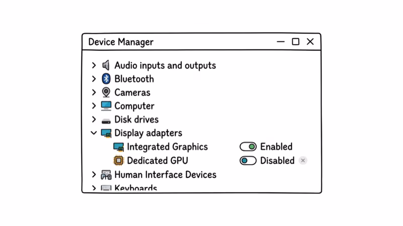 Device Manager showing Display adapters expanded with graphics card being disabled