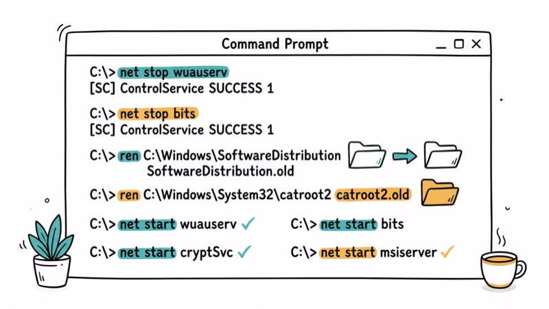 Command prompt showing Windows Update component reset with folder rename and service restart