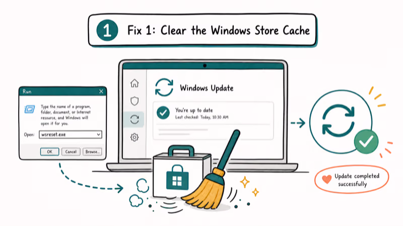 Hand-drawn illustration: Fix 1: Clear the Windows Store Cache