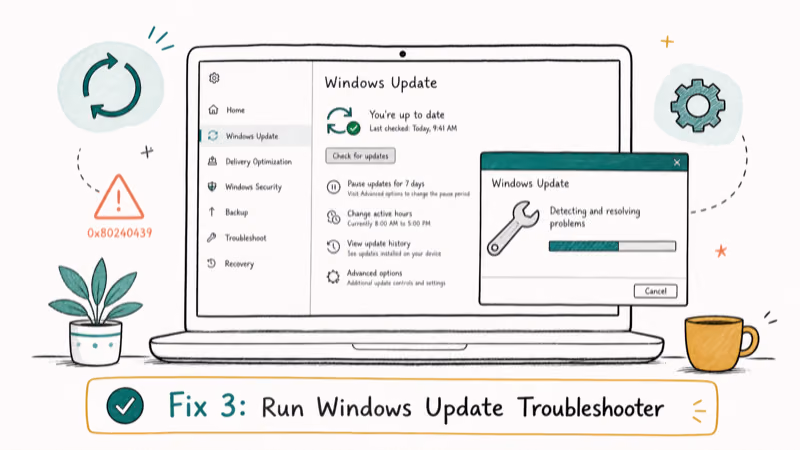 Hand-drawn illustration: Fix 3: Run Windows Update Troubleshooter