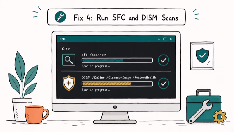 Hand-drawn illustration: Fix 4: Run SFC and DISM Scans