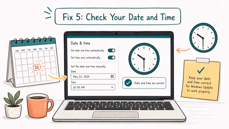 Hand-drawn illustration: Fix 5: Check Your Date and Time
