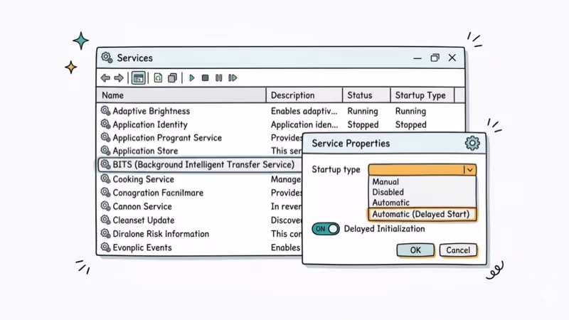 Windows services panel showing BITS configured to Automatic Delayed Start with gear icon