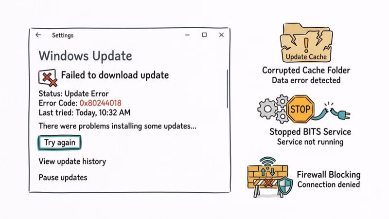 Windows Update settings panel showing failed download with corrupted cache and stopped BITS icons