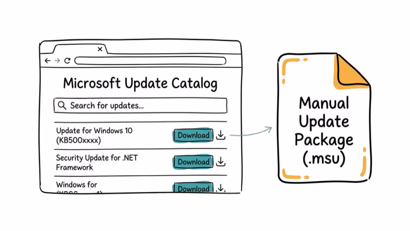 Browser showing Microsoft Update Catalog with search bar and download buttons for MSU package
