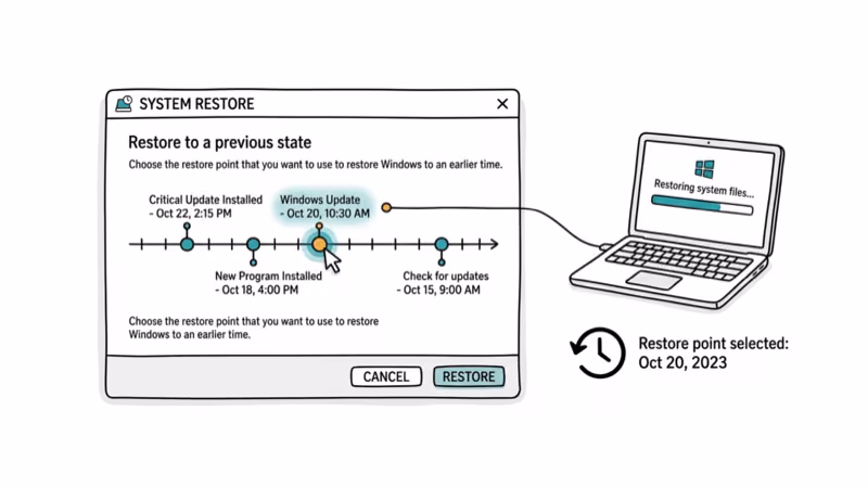 Windows System Restore dialog with timeline showing restore points and clock turning back