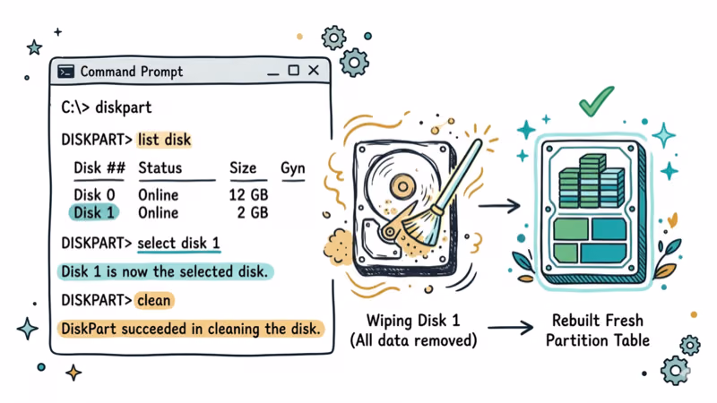 Command prompt showing diskpart commands to clean and rebuild drive partition table