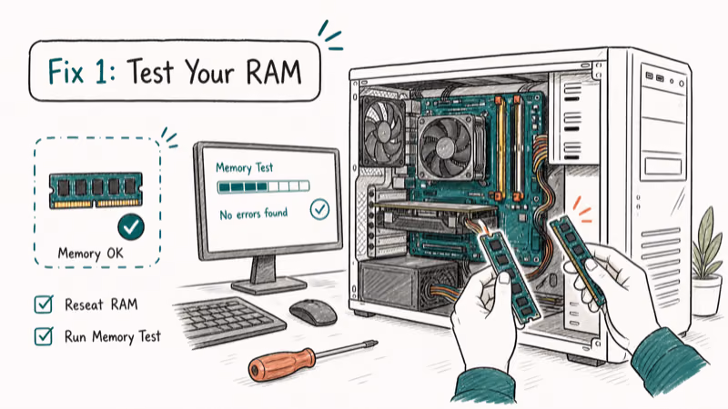 Hand-drawn illustration: Fix 1: Test Your RAM