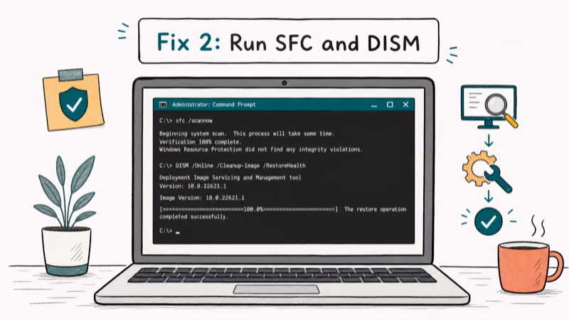 Hand-drawn illustration: Fix 2: Run SFC and DISM