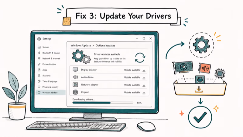 Hand-drawn illustration: Fix 3: Update Your Drivers
