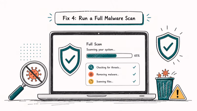 Hand-drawn illustration: Fix 4: Run a Full Malware Scan
