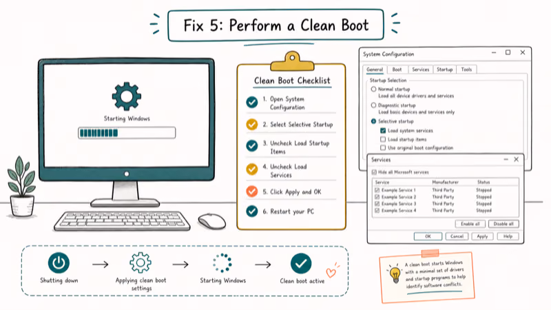 Hand-drawn illustration: Fix 5: Perform a Clean Boot