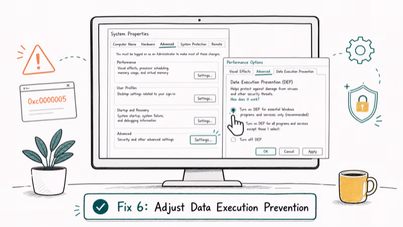 Hand-drawn illustration: Fix 6: Adjust Data Execution Prevention (DEP)