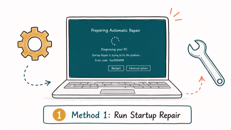 Hand-drawn illustration: Method 1: Run Startup Repair
