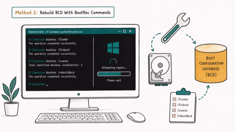 Hand-drawn illustration: Method 2: Rebuild BCD With BootRec Commands
