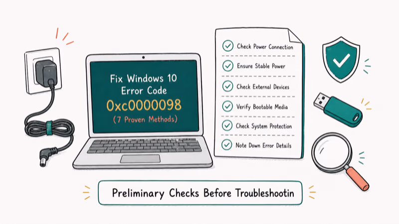 Hand-drawn illustration: Preliminary Checks Before Troubleshooting